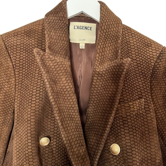 L'AGENCE Kenzie Double Breasted Lambskin Leather Snake Print Blazer Brown Size 2 - Picture 4 of 16